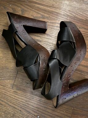 Bamboo Black Leather Strapped Heels with Dark Wooden Platform